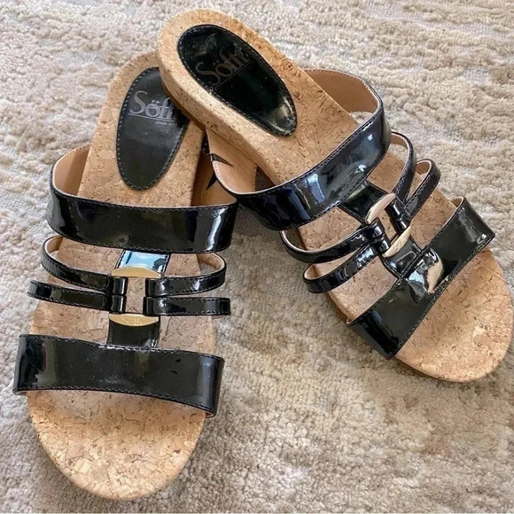 Sofft Patent Leather Cork Sole Flat Strappy Black Sandals Slides: 6.5 - Picture 1 of 8